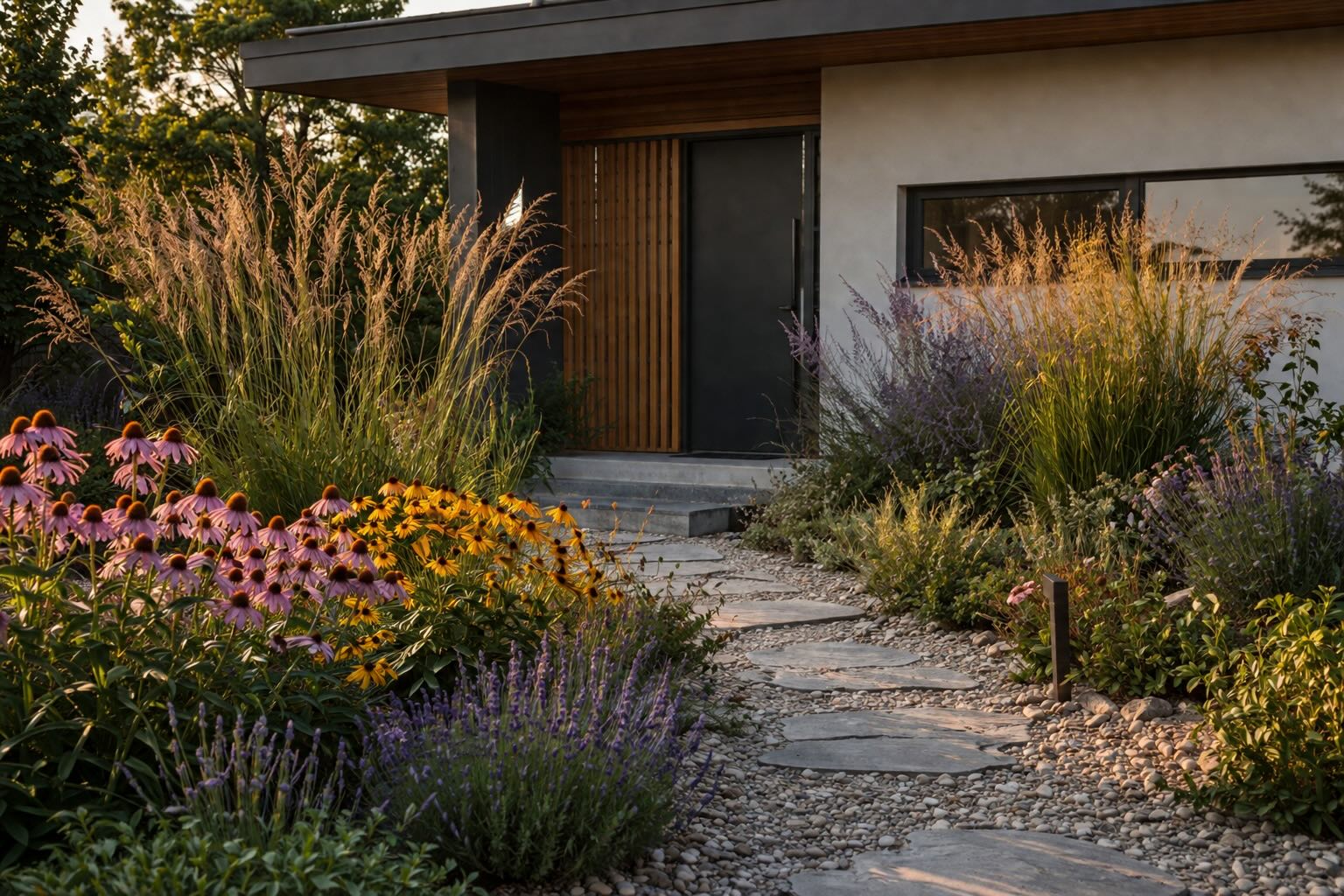 sterkova-zahrada-pred-domem-kombinace-trav-trvalek-a-kamenne-cesty-v-teplem-svetle