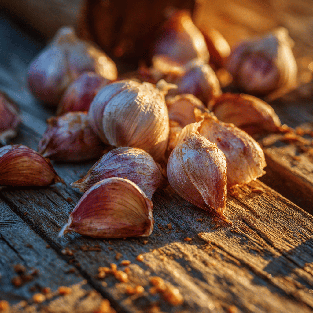 strouzky-cesneku-na-drevenem-stole-ve-slunecnim-svetle-detail