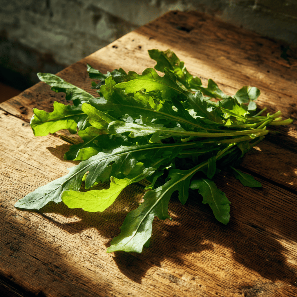 svazek-cerstve-rukoly-na-starem-drevenem-stole-ve-slunecnim-svetle