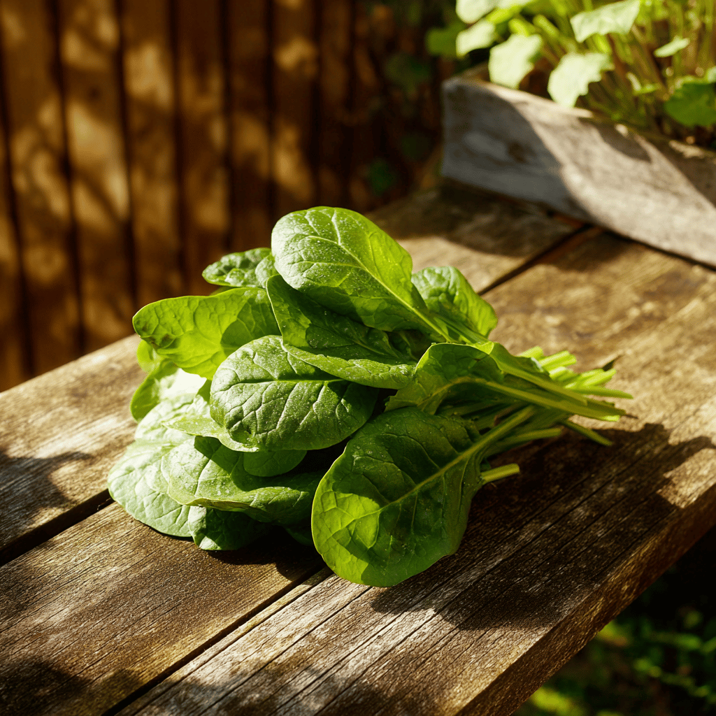 svazek-cerstveho-spenatu-na-drevenem-zahradnim-stole-ve-slunci