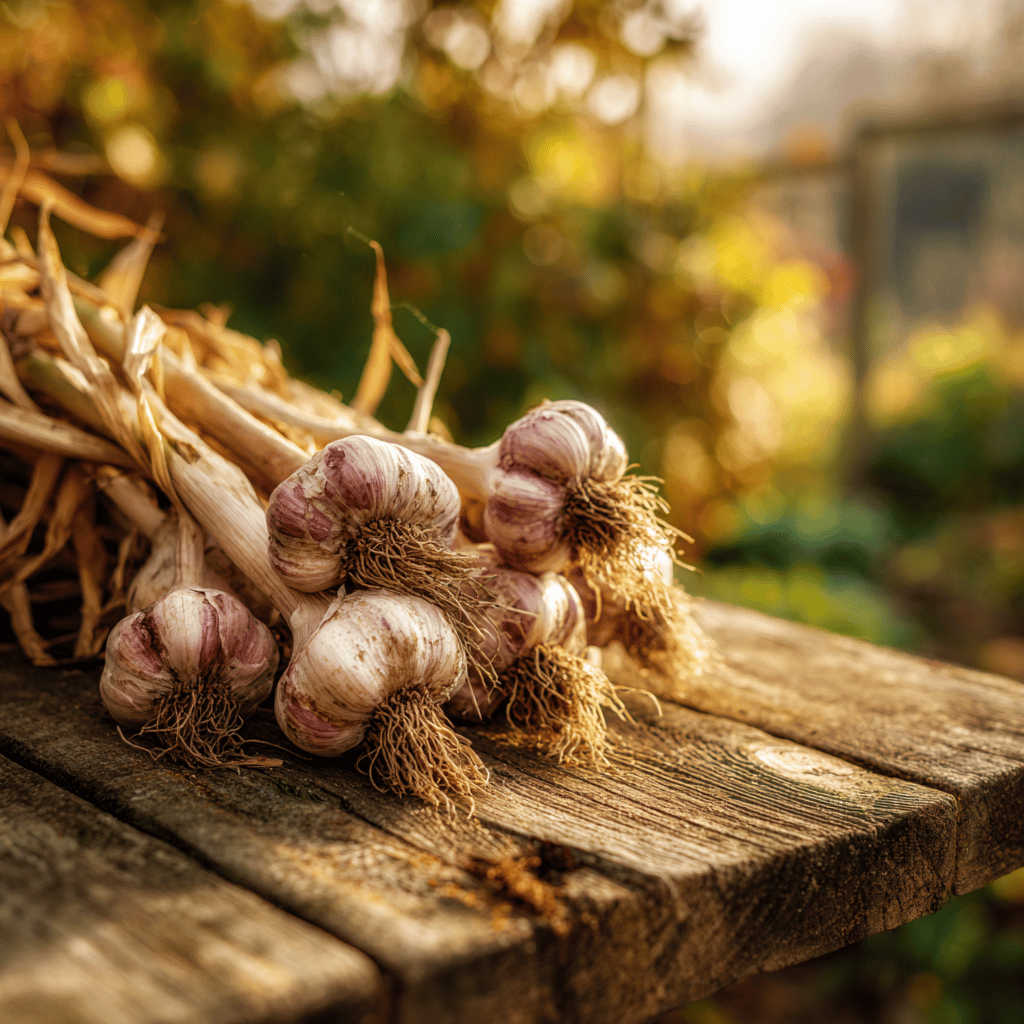 svazek-sklizeneho-cesneku-na-drevenem-stole-ve-zlatem-svetle
