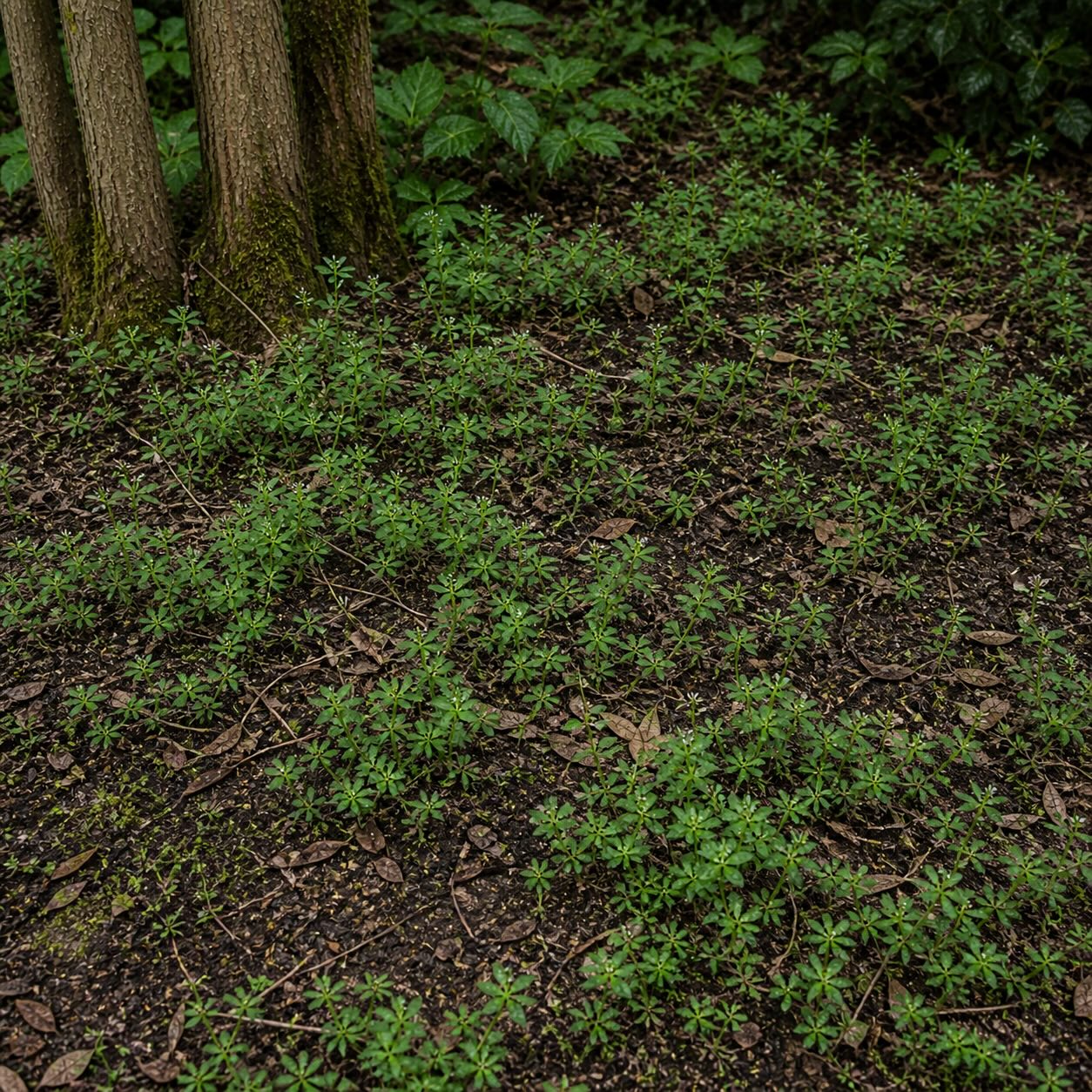 svizel-galium-odoratum-reditnuti-porostu-a-odkryta-puda-pod-stromy-ve-stinnem-zahonu