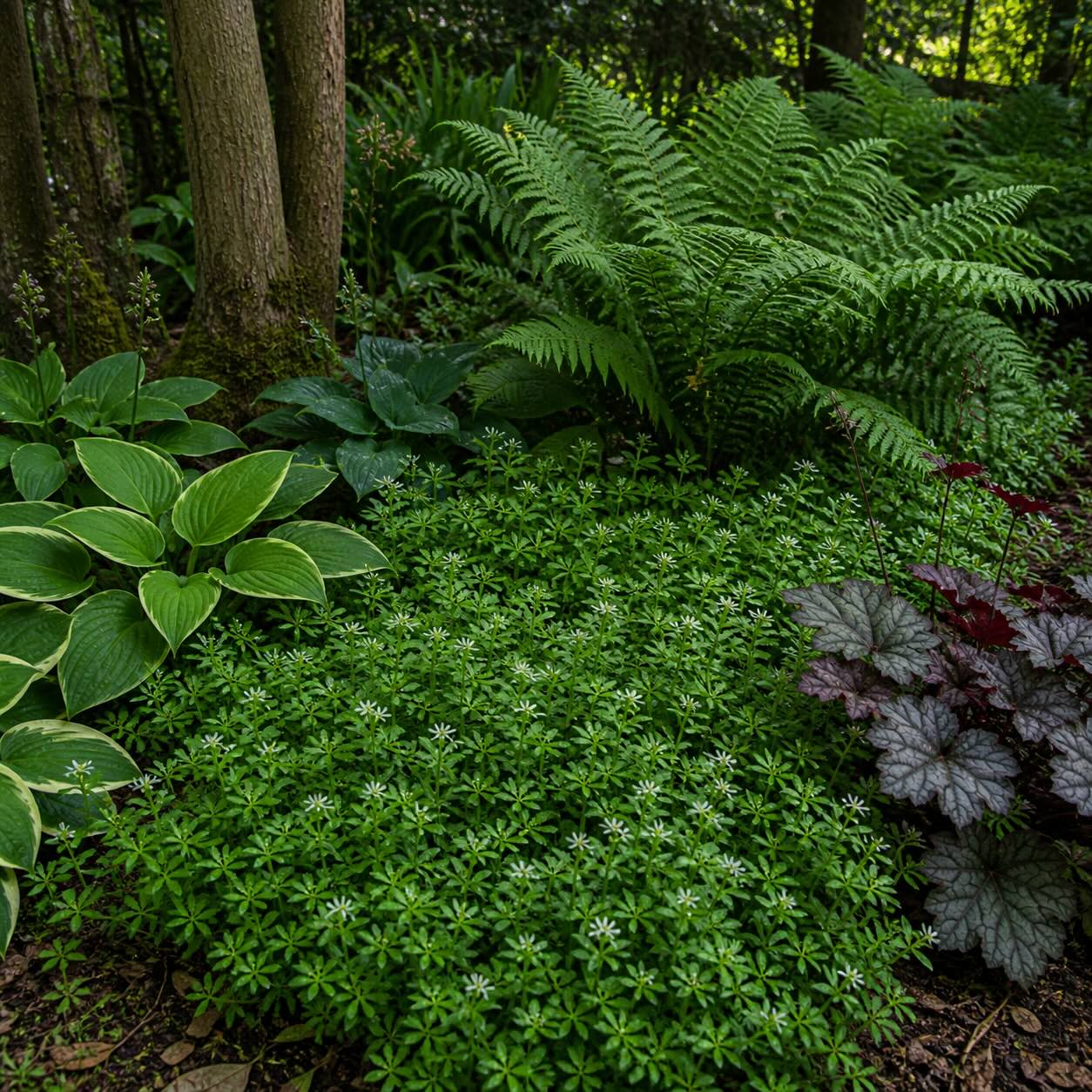 svizel-galium-odoratum-v-kombinaci-s-bohyskami-kapradinami-a-dluzichami-ve-stinnem-zahonu