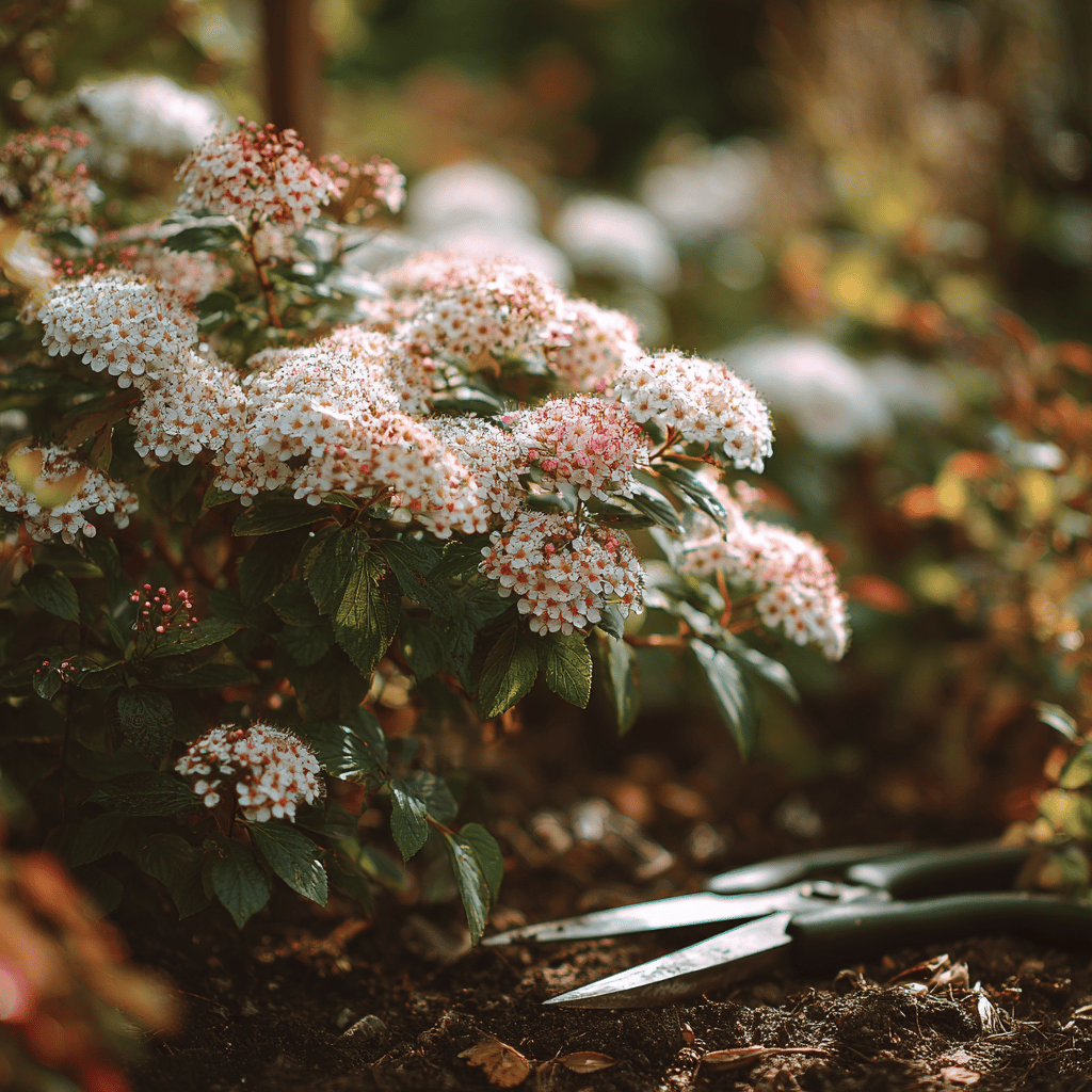 tavolnik-spiraea-po-rezu-s-bilemi-a-ruzovymi-kvetenstvi-a-zahradnickymi-nuzkami