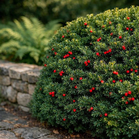 tis-cerveny-taxus-baccata-husty-ker-s-cervenymi-misky-plodu-u-kamenne-zidky