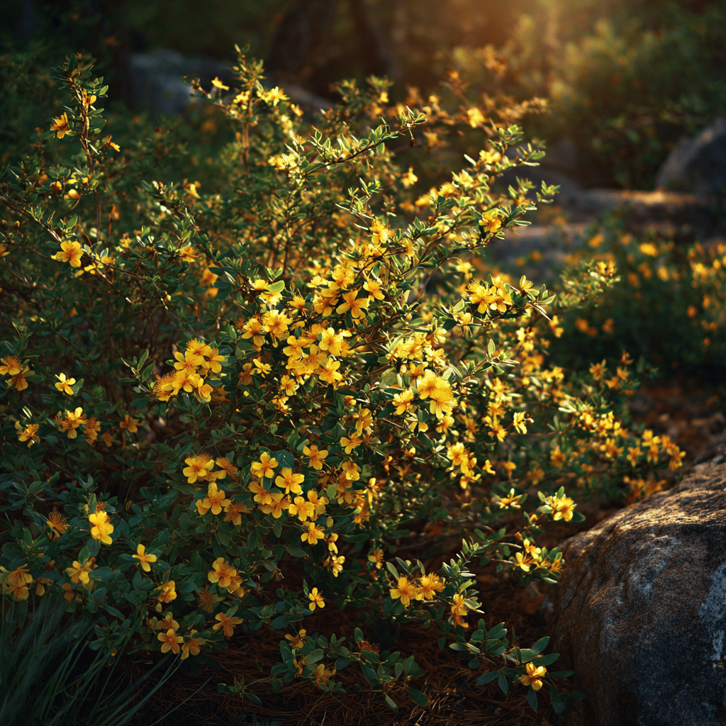 trezalka-hypericum-zlute-kvety-v-zahradni-vysadbe-mezi-kameny