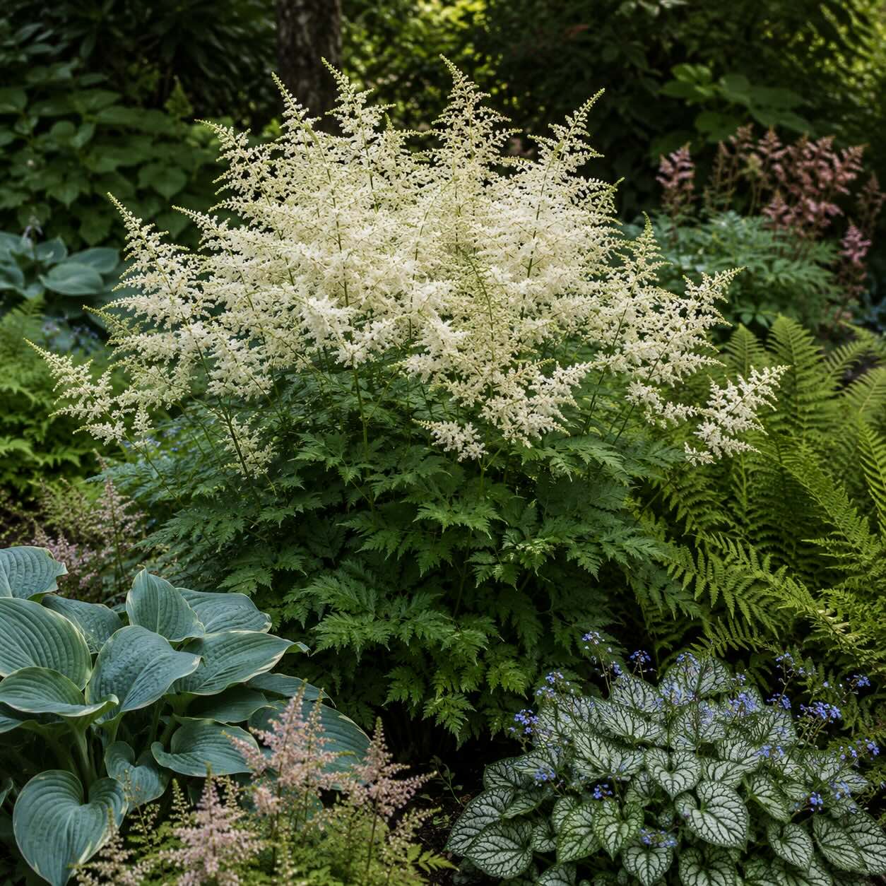 udatna-aruncus-dioicus-v-polostinnem-zahonu-s-bohyskami-kapradinami-a-brunnerou