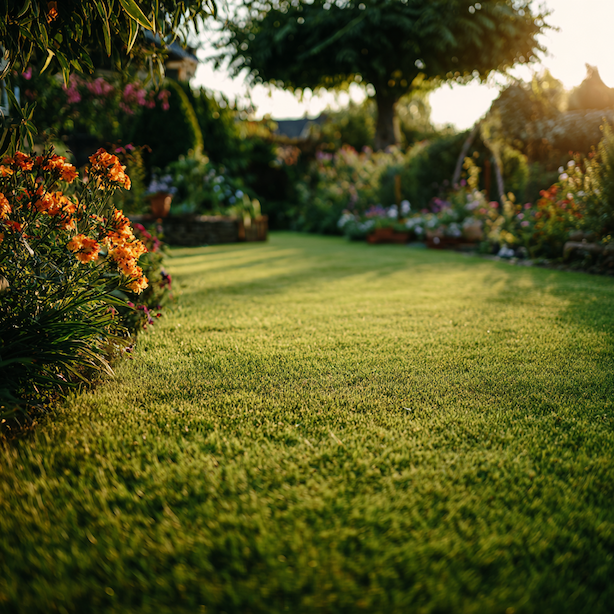 udrzovany-travnik-v-zahrade-s-kvetinovymi-zahony-a-slunecnim-svetlem