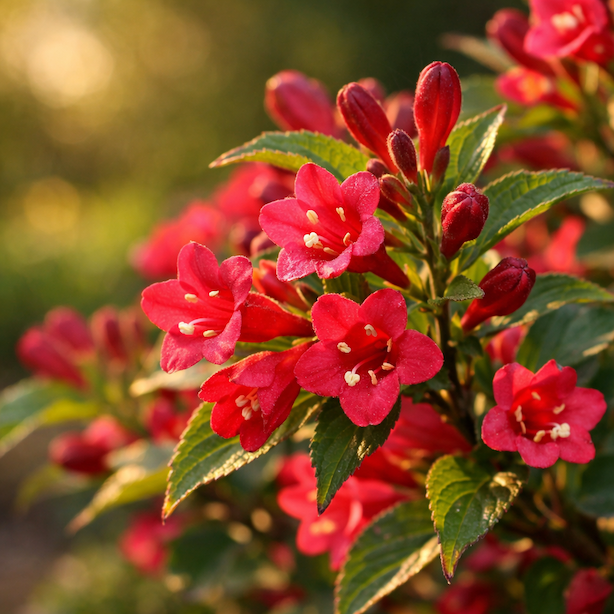 vajgelie-bristol-ruby-cervene-kvety-detail-kvetu-slunecne-svetlo