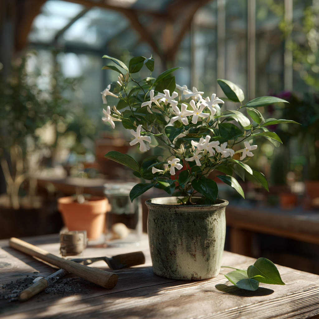 vencovec-stephanotis-v-kvetinaci-na-stole-ve-skleniku-s-naradim-na-presazovani