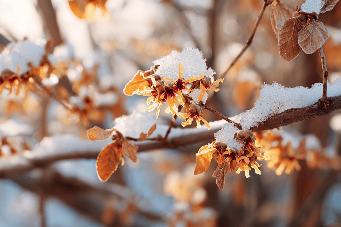 vilin-hamamelis-kvet-pokryty-snehem-v-predjarni-zahrade