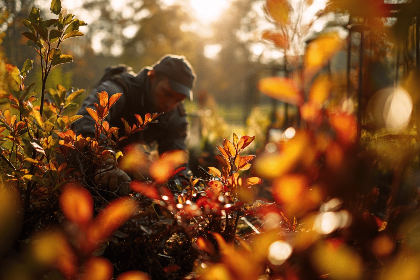 zahradnik-hnoji-kere-v-podzimni-zahrade-v-teplych-barvach-slunce