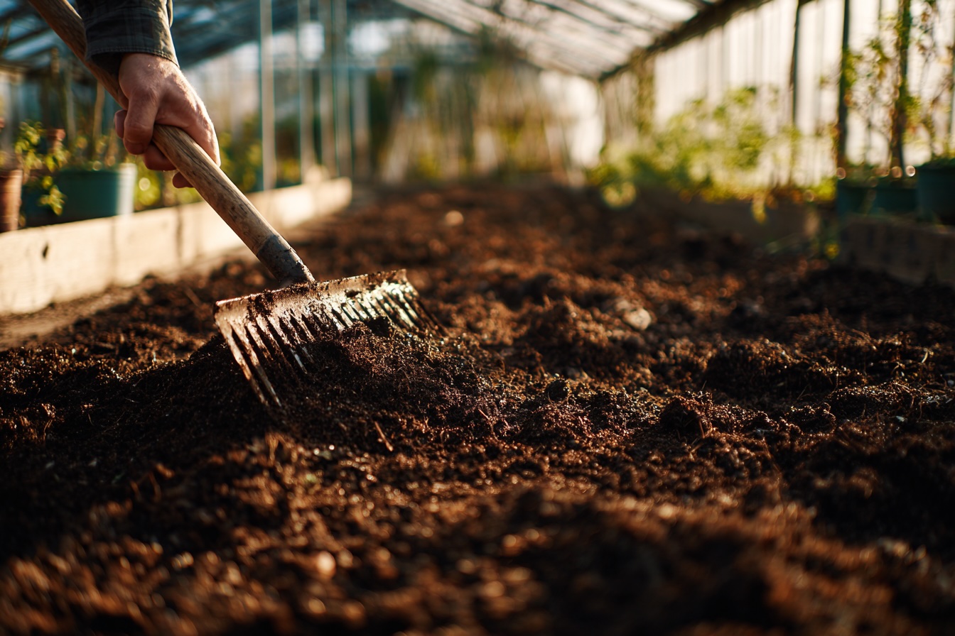 zapracovani-vyzraleho-konskeho-hnoje-do-pudy-ve-skleniku-jarni-priprava-zahonu