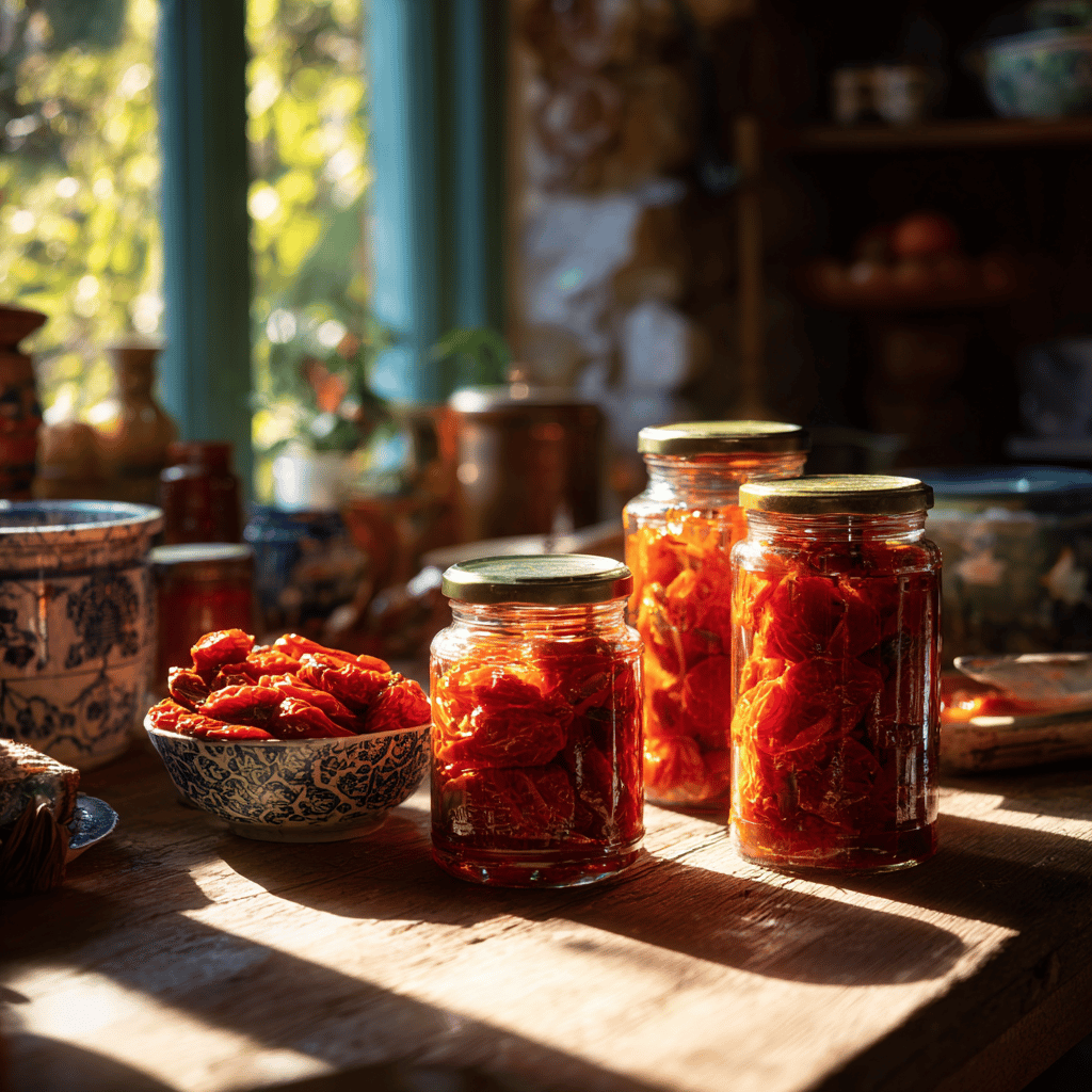 zavarena-susena-rajcata-ve-sklenicich-na-drevenem-stole-v-letni-kuchyni