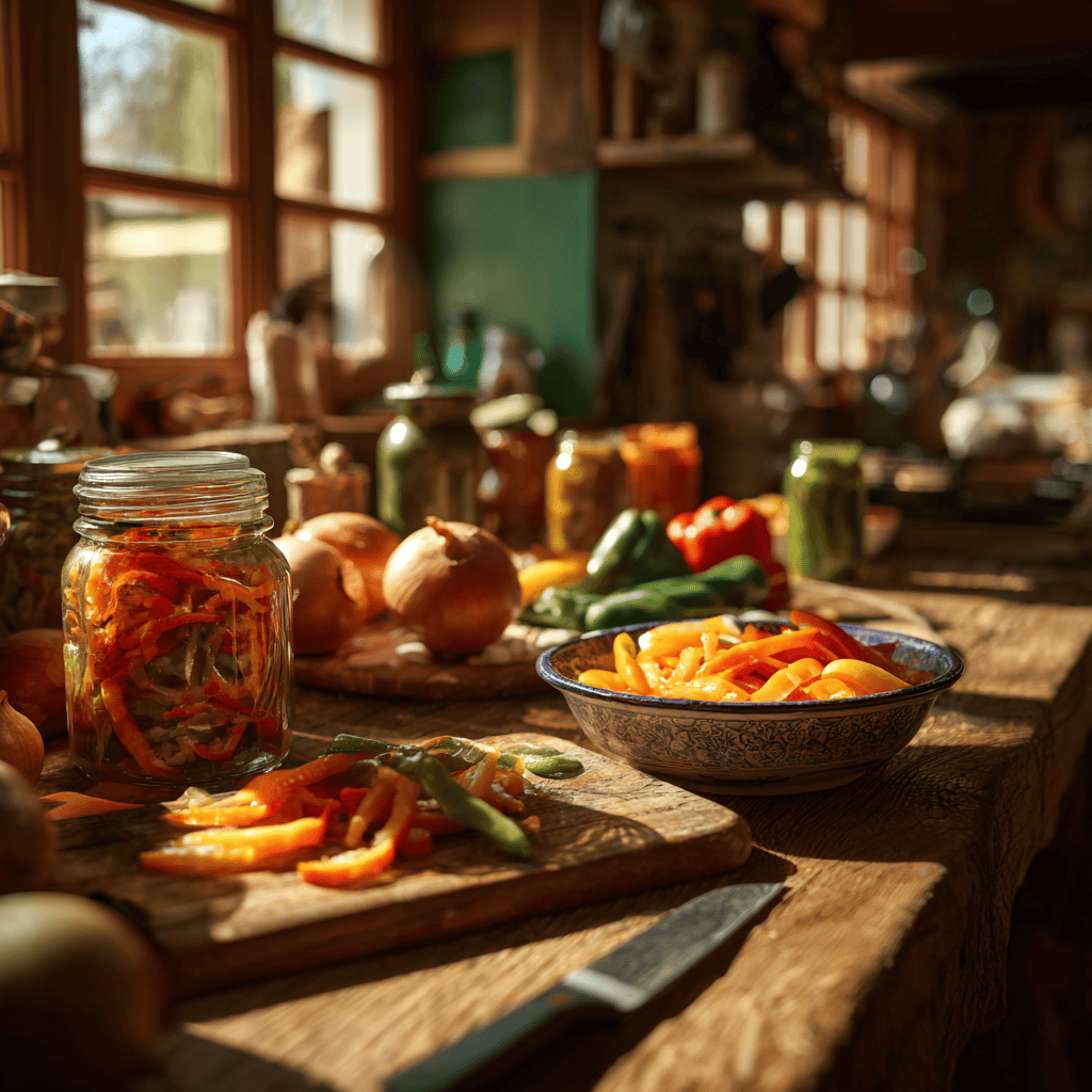 zavarene-papriky-v-domaci-kuchyni-na-drevenem-stole-s-cerstvou-zeleninou