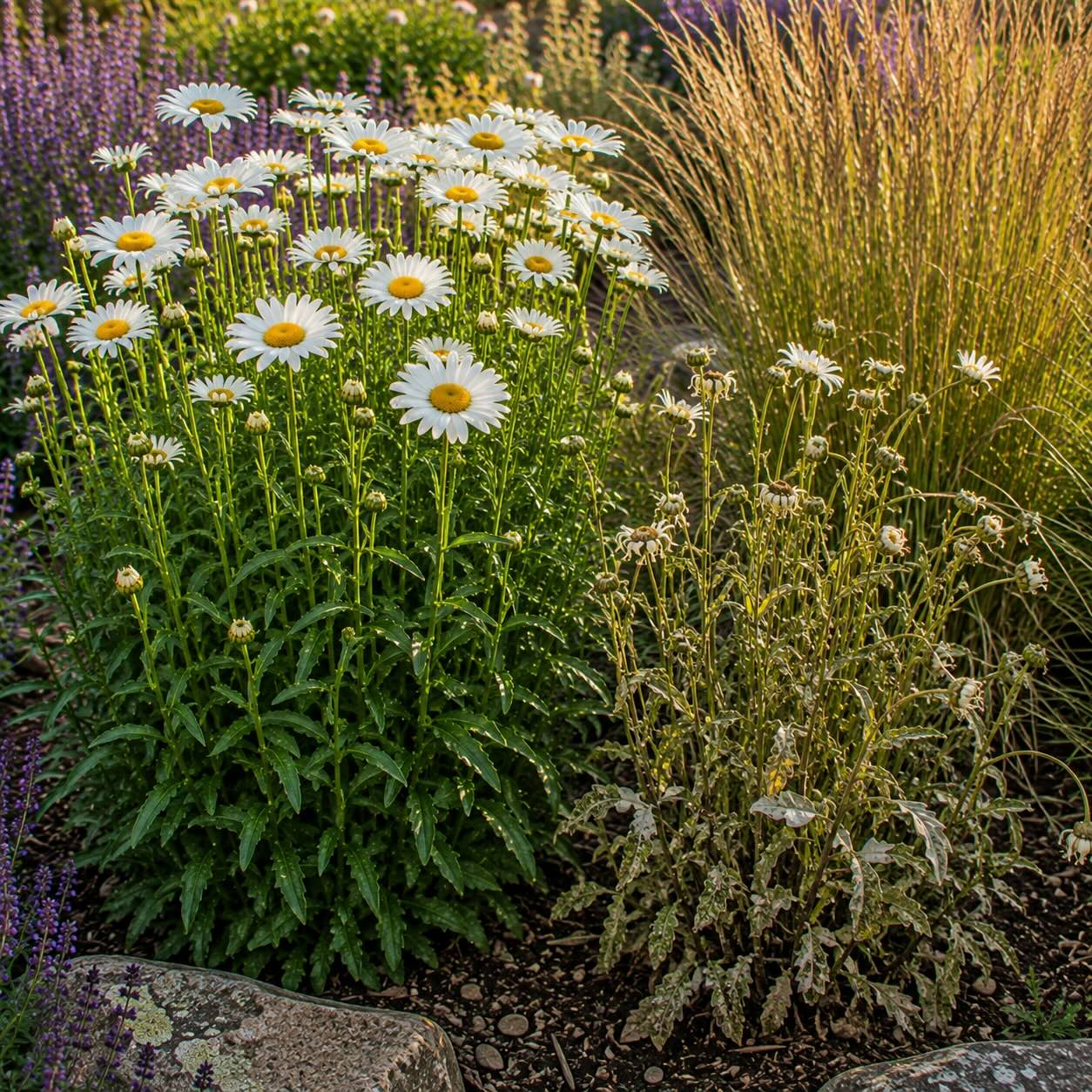 zdrava-a-oslabena-kopretina-leucanthemum-ve-slunne-vysadbe