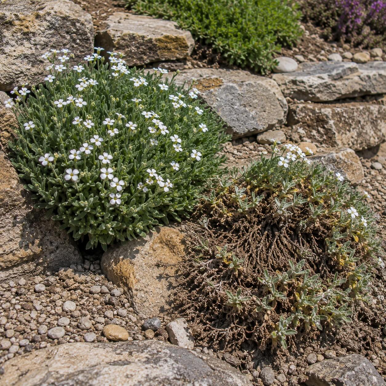 zdravy-a-poskozeny-husenik-arabis-ve-skalce