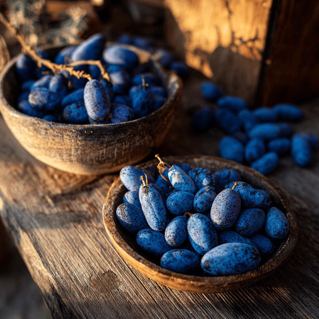 zimolez-kamcatsky-lonicera-kamtschatica-cerstve-sklizene-plody-v-miskach