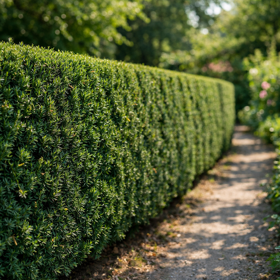 zivy-plot-z-tisu-taxus-baccata-husty-strihany-plot-podel-zahradni-cesty