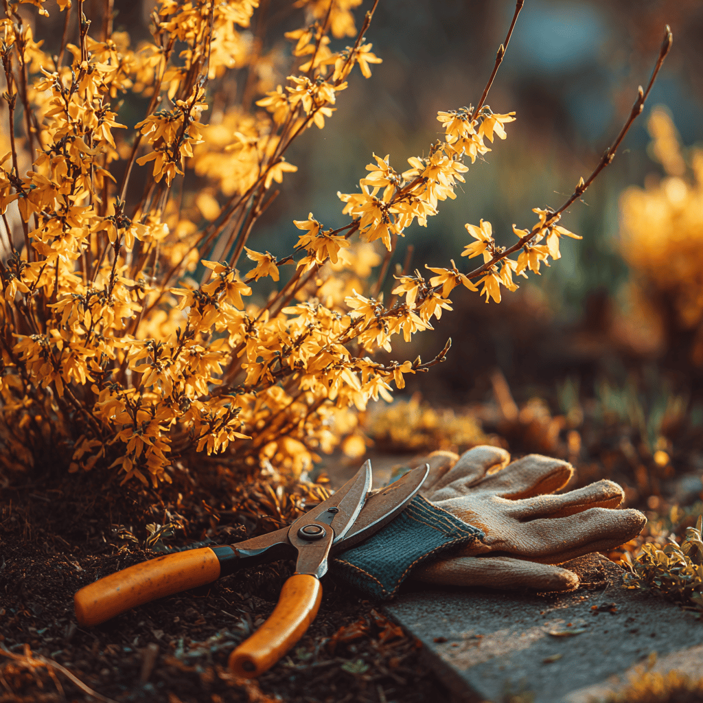 zlatice-forsythia-jarní-rez-s-nuzkami-a-rukavicemi-u-kvetouciho-keru