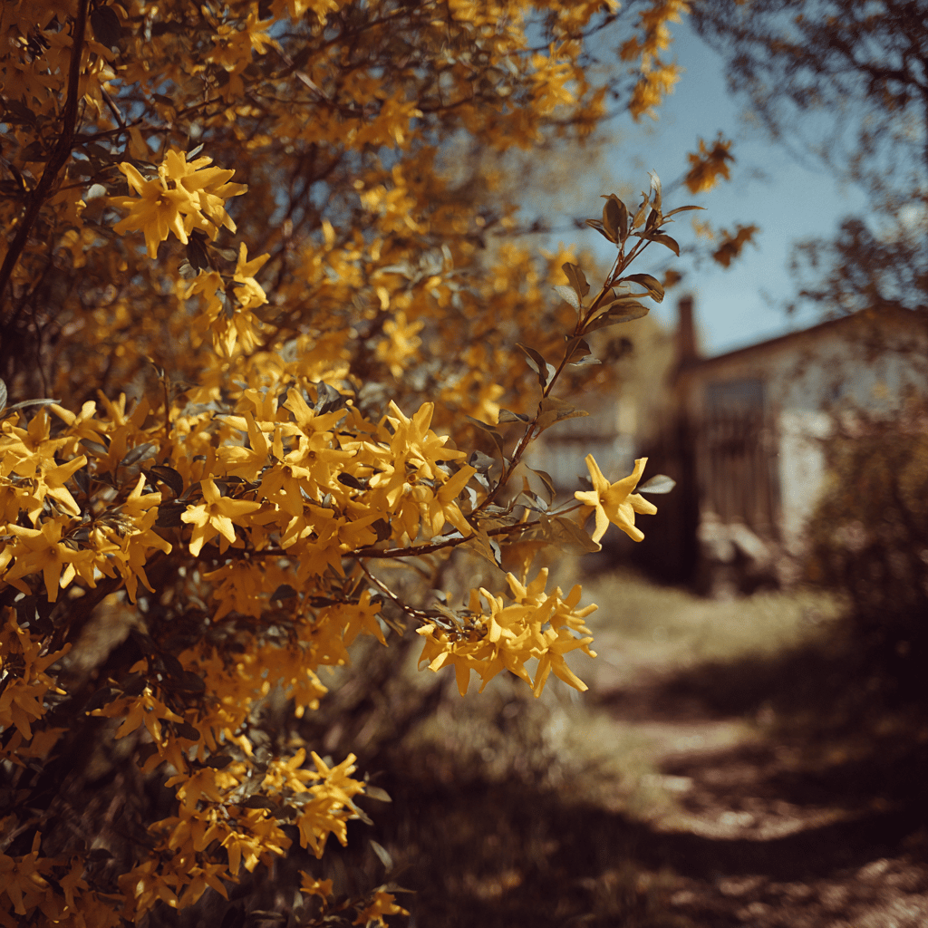 zlatice-forsythia-kvetouci-ker-u-venkovskeho-staveni