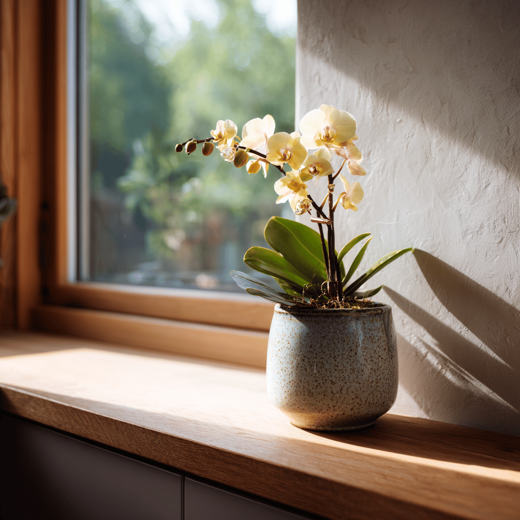 zluta-orchidej-phalaenopsis-v-keramickem-kvetinaci-na-drevenem-parapetu-ve-slunecnim-interieru