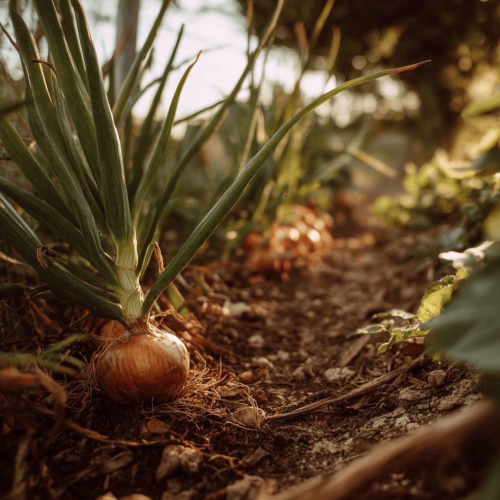 zrale-cibule-na-zahrade-v-pude-se-zelene-nati-v-teplem-vecernim-svete