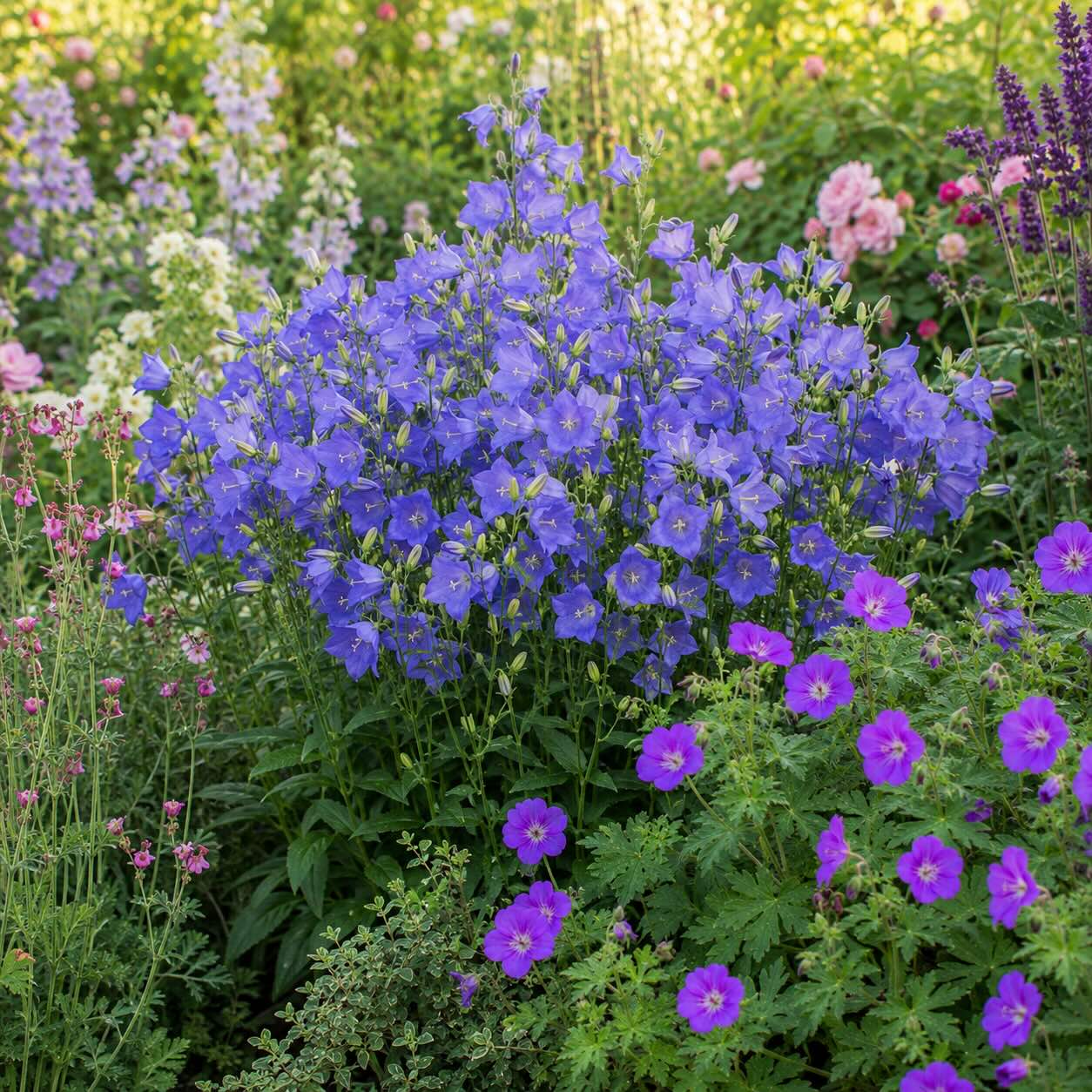zvonek-campanula-v-kombinaci-s-kakosty-ruzemi-a-trvalkami-v-zahonu
