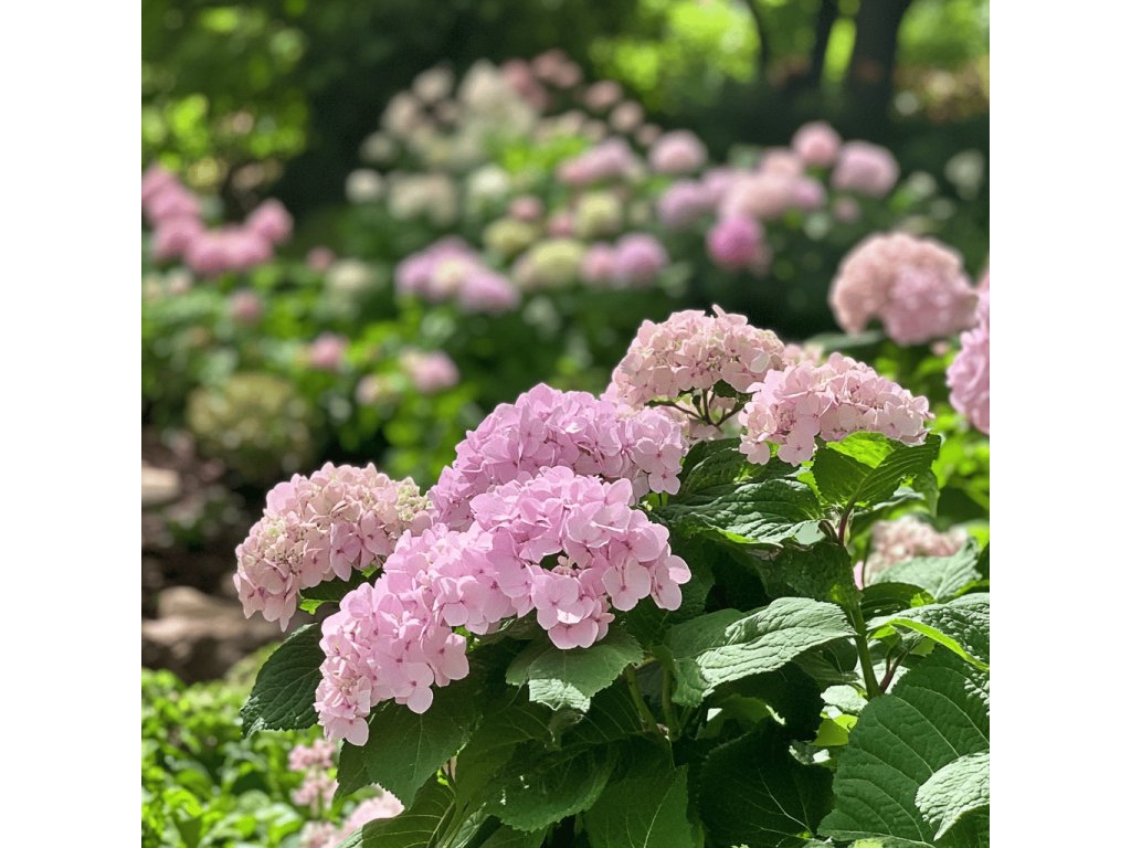 Hortenzie velkolistá 'Bouquet Rose' (Hydrangea macrophylla 'Bouquet Rose') – kompaktní keř s bohatými růžovými květy