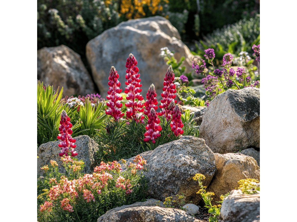 Lupina mnoholistá (Lupinus polyphyllus ‘Red’) je statná, nenáročná trvalka s klasovitými květy v odstínech sytě červené