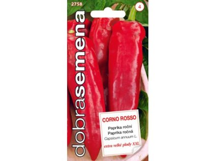 Paprika roční Corno Rosso – sladká poloraná odrůda s dlouhými, jasně červenými plody, vhodná pro zahradu i skleníky.