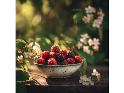ostruzinik jahodnaty rubus illecebrosus cerstve plody v misce s kvety