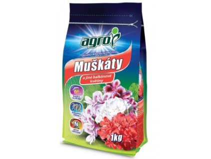 AGRO Organo-minerální hnojivo muškáty 1 kg – hnojivo pro intenzivní růst, bohaté kvetení a dlouhotrvající krásu muškátů.