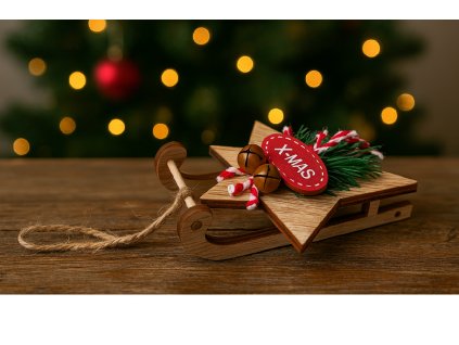 vanocni-drevene-sane-s-ozdobou-chvojim-a-napisem-xmas-pred-stromeckem