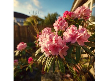 rododendron snipe ruzove kvety ve svazcich na stalezelenem keri v zahrade