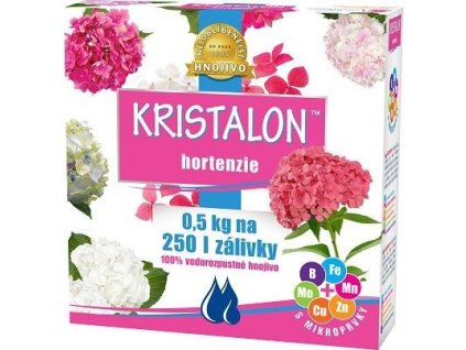 Kristalon Hortenzie 0,5 kg – speciální hnojivo pro podporu zdravého růstu, intenzivního kvetení a krásných barev květů hortenzií.