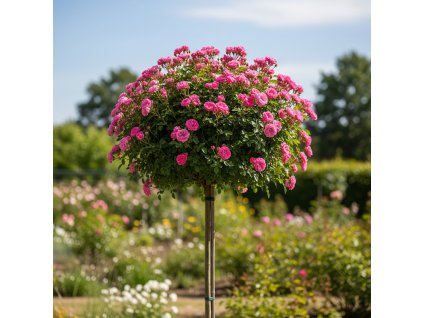 růže stromková topolina růžová hustě kvetoucí v zahradě