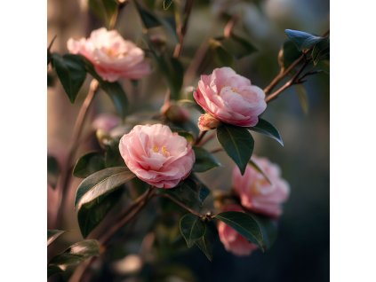 kamélie japonská nuccios pearl světle růžové plné květy na stálezeleném keři