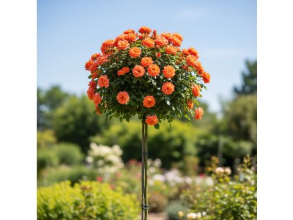 růže stromková topolina oranžová bohatě kvetoucí v zahradě