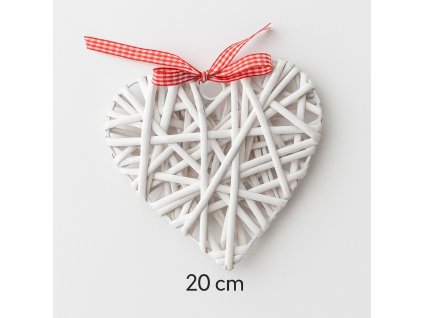 Závěsné proutěné srdce bílé – s červenou stuhou, Ø 20 cm