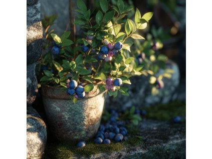 boruvka chocholicnata vaccinium corymbosum poppins v kvetinaci s modrymi plody