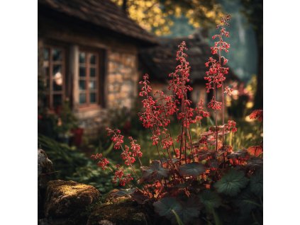 dluzicha krvava heuchera sanguinea ruby bell s cervenymi kvety v zahrade