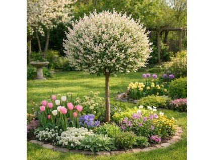 vrba japonska hakuro nishiki na kminku jako soliter v jarni slunne zahrade s kvetoucim zahonem