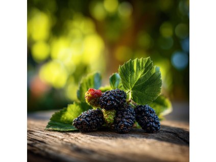 morus cerna morus nigra zrale tmave plody moruse na drevenem povrchu s listy