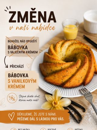 ZMĚNA, ALE CHUŤ ZŮSTÁVÁ STEJNÁ! 🤎 Jedna bábovka se loučí, ale její oblíbená chuť zůstává. 😊 Bábovku s vaječným krémem nově...