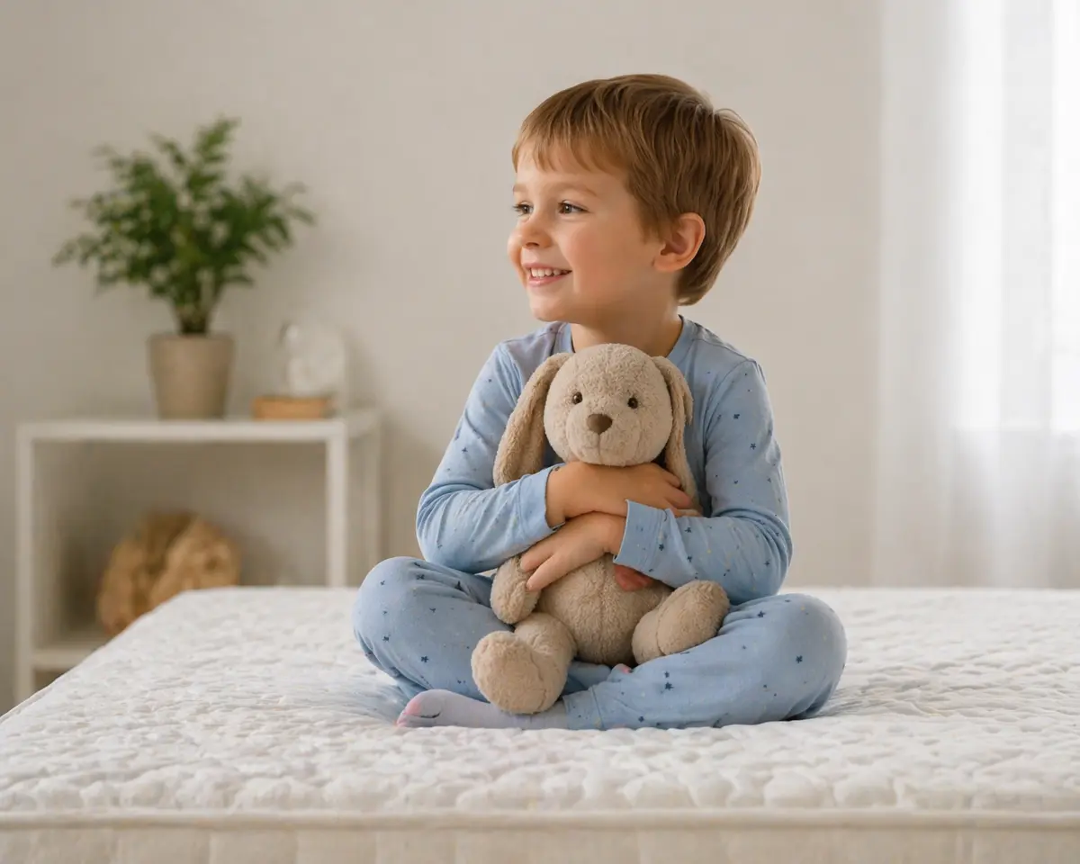 Dítě sedící na dětské matraci s plyšovým králíkem