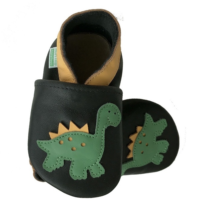 HOPI HOP barefoot měkké kožené capáčky - DINO na černé Velikost: 6-12 m