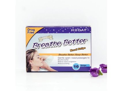 Balení nosních pásků Happy Breathe s detailním zobrazením loga.