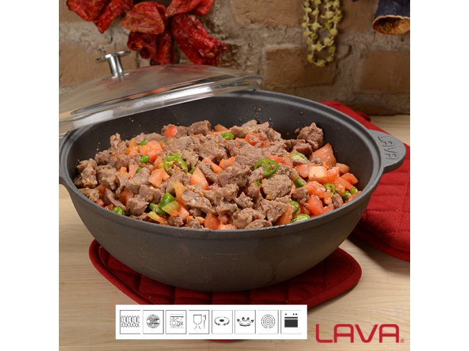 Litinový hrnec kulatý (wok) + skl. poklice 30 cm, 6l