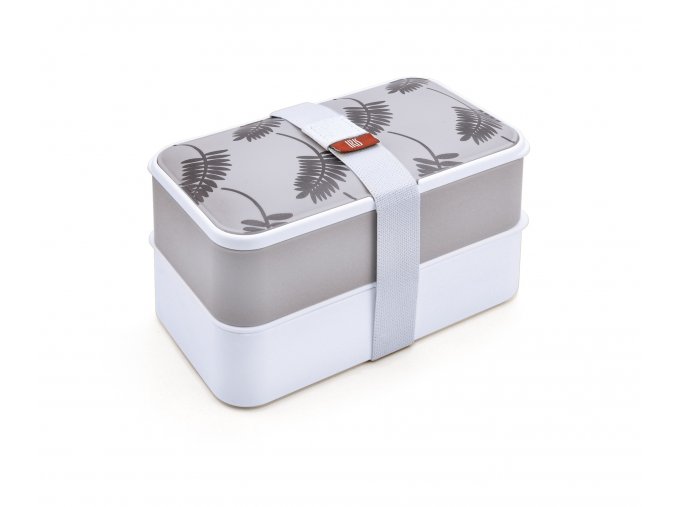 Obědový Bento Box s příborem - šedé listy